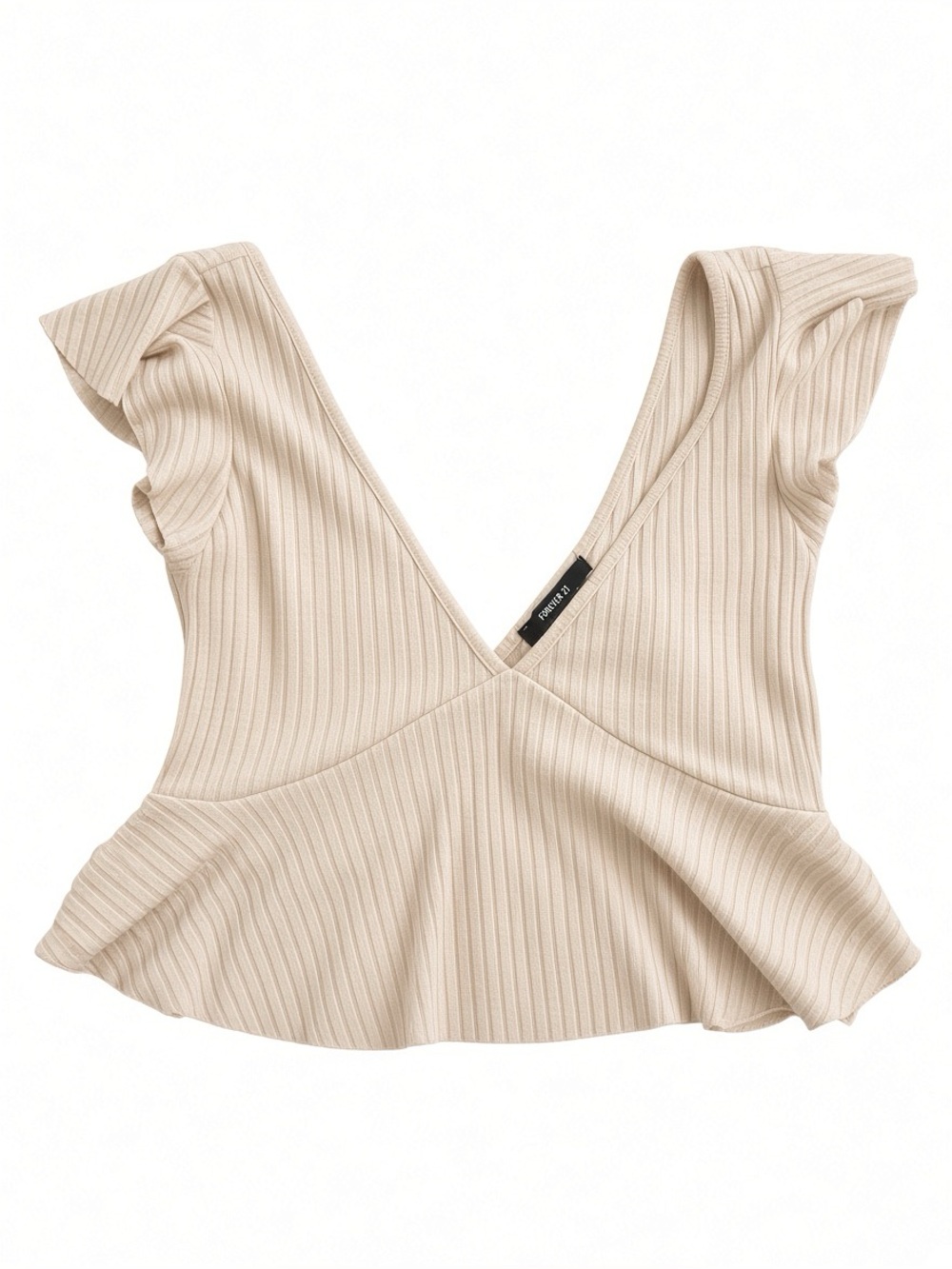 Forever 21 V-Neck Peplum Crop Top Cream Tan Women Large